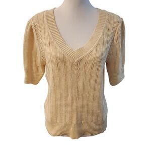 Rachel Rachel Roy Knit V Neck Short Sleeve Sweater‎ Top Cream Size M